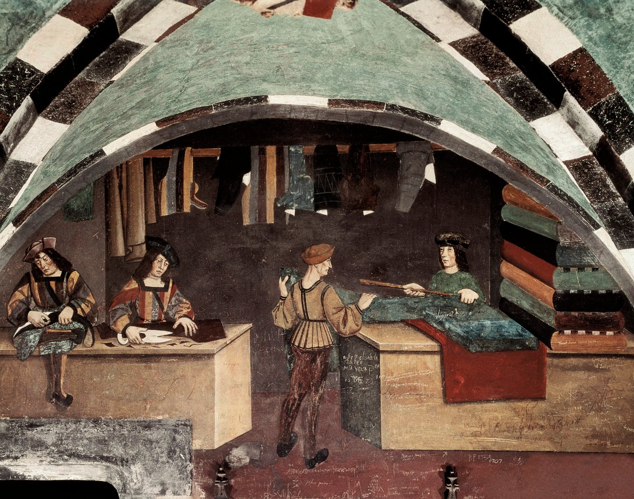 Schneiderei. Ein Mann näht, ein anderer schneidet den Stoff und ein dritter verkauft den Stoff an einen Kunden. Fresko Schloss Issogne (15. Jahrhundert) von Italian School