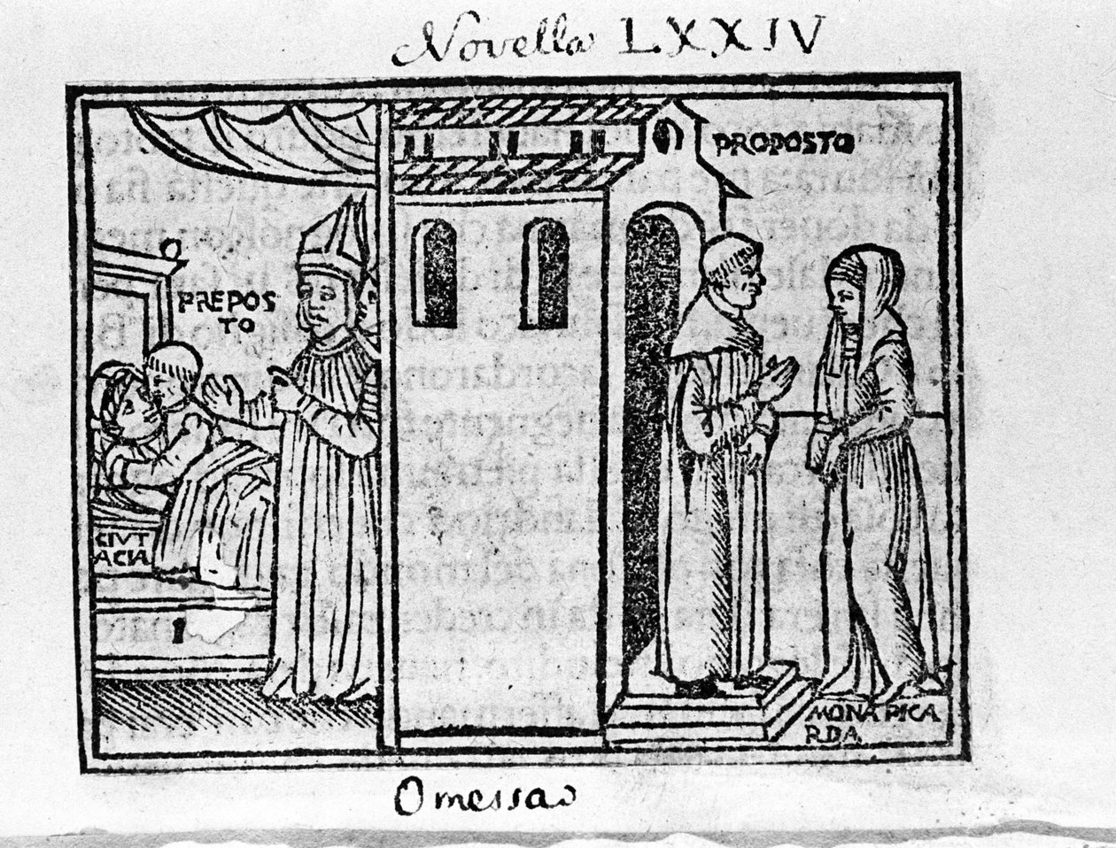 Der Erzpriester von Florenz wird vom Bischof überrascht, als er die Frau trifft, die er liebt. Illustration zur Novelle 74 (Neue 4 des achten Tages) des „Decameron“ von Giovanni Boccaccio (1313-1375), italienischer Schriftsteller. Gravur in „Decamerone o von Italian School