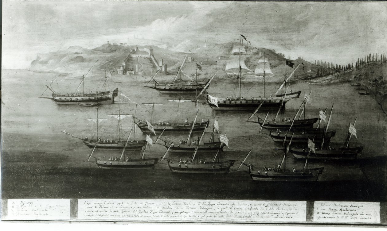 Die venezianische Flotte unter der Führung von Kapitän Ivanovich da Dabrota gegen türkische Piraten bei Durazzo, 1756 von Italian School