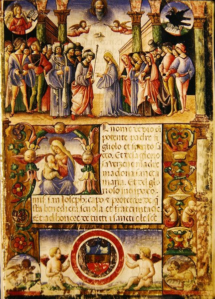 Die Verlobung der Jungfrau, aus einer Mariegola der Laiengilde von St. Joseph und St. Sylvester, 1315 von Italian School
