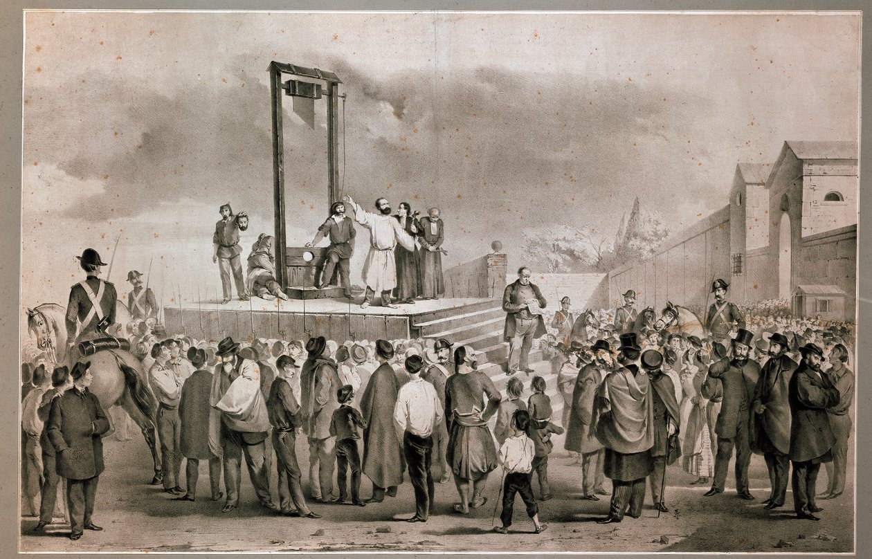 Die Hinrichtung von Felice Orsini und Pieri am 13.03.1858, die den Anschlag vom 14. Januar 1858 gegen Napoleon III. auf dem Place de la Roquette in Paris durchführten von Italian School
