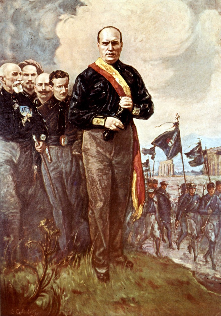 Der Marsch auf Rom: Benito Mussolini auf dem Weg nach Rom umgeben von Schwarzhemden am 28.10.1922 nach dem (verschwundenen) Gemälde von S. Galimberti von Italian School
