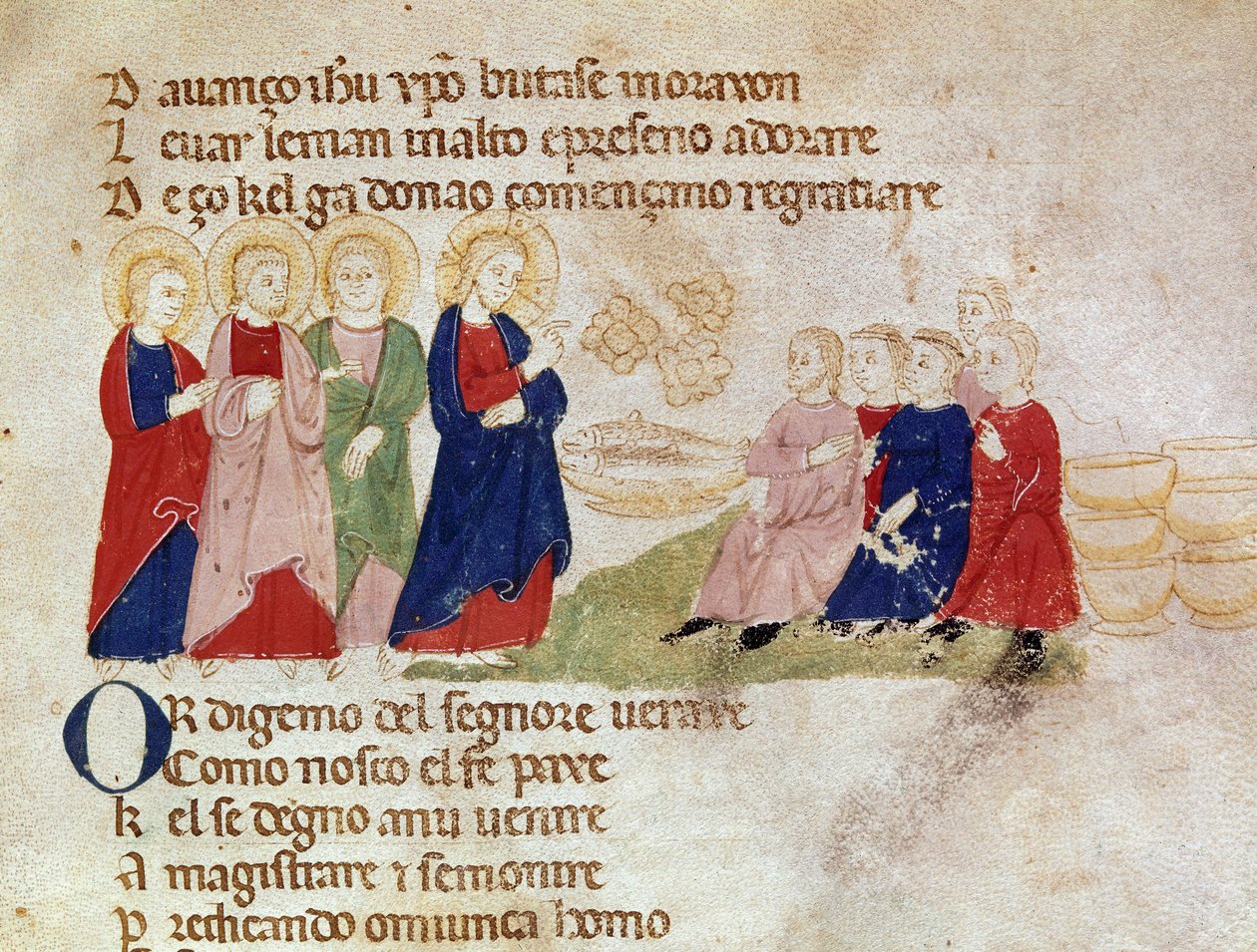 Die Vermehrung von Brot und Fisch Miniatur aus „Del novo e del vedre testamento“ von Pietro da Barsegape (13. Jahrhundert) 14. Jahrhundert Mailand, Biblioteca Braidense von Italian School