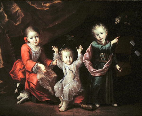 Drei Kinder in einem Innenraum, umgeben von ihren Haustieren, ca. 1680 von Italian School
