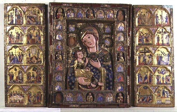 Triptychon der Madonna mit Kind mit Evangelisten, Propheten und Szenen aus dem Leben Christi von Italian School