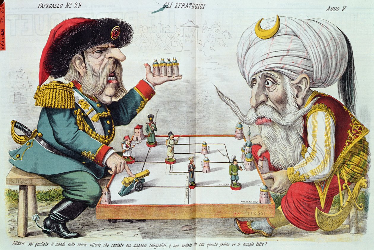Türkei und Russland spielen ein Strategiespiel, aus Le Perroquet, 1877 von Italian School