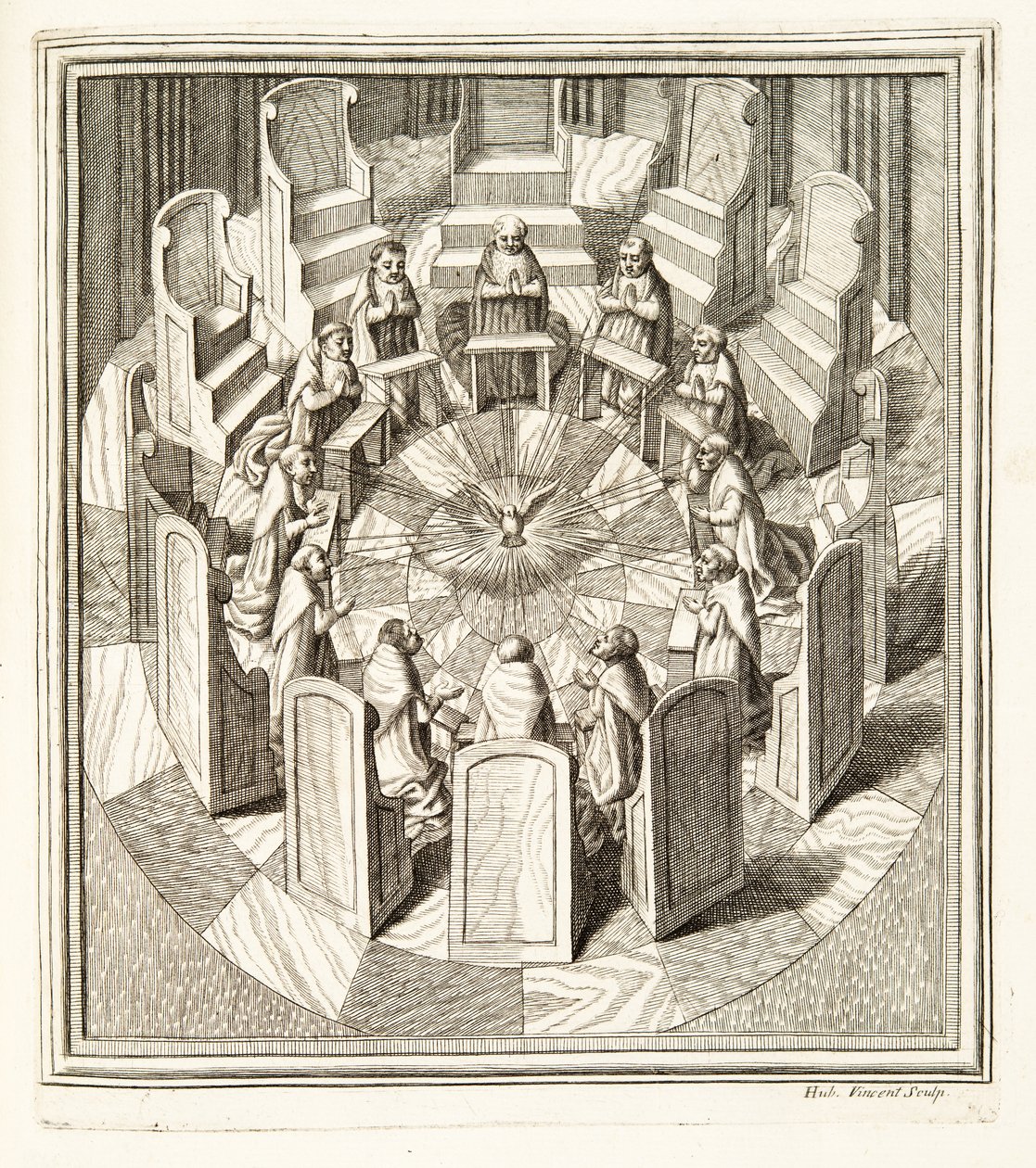 Zwölf Richter der Rota beten in einer runden Halle um den Heiligen Geist, veröffentlicht 1717 (Kupferstich) von Italian School