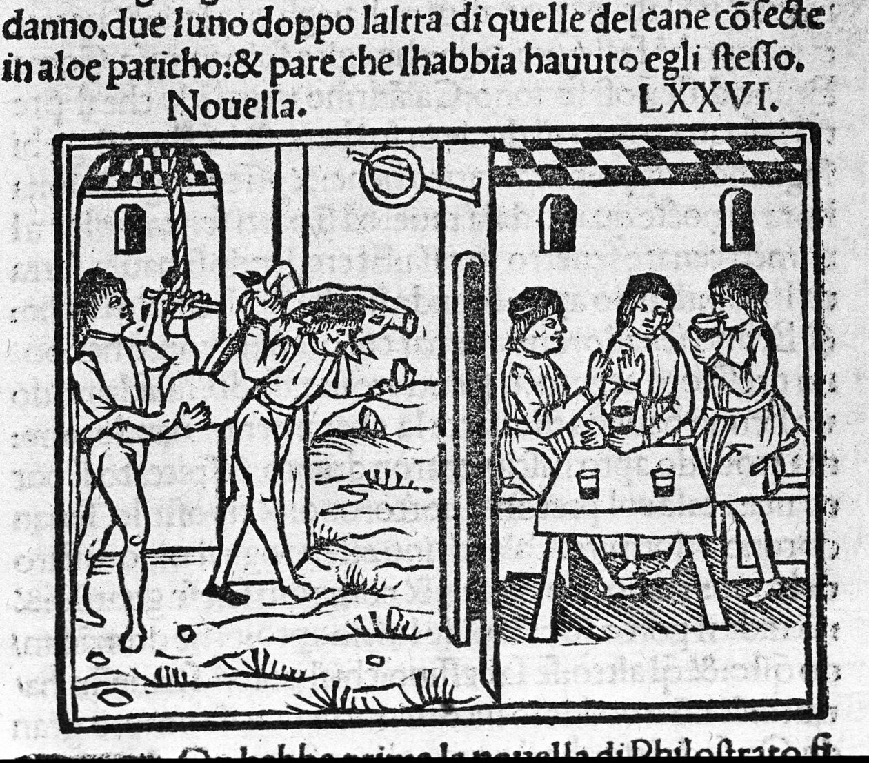Zwei Männer tragen ein Schwein auf ihren Schultern. Illustration zur Novelle 76 (Novelle 6 des achten Tages) des „Decameron“ von Giovanni Boccaccio. Gravur in „Decamerone ouer Cento novelle“ Venedig, Bartolomeo de von Italian School