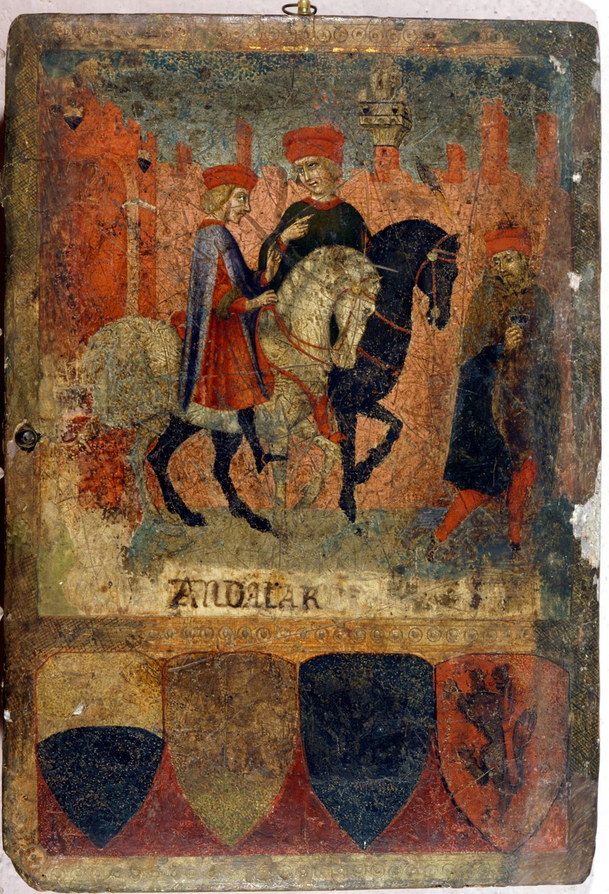 Zwei Steuerinspektoren. Biccherna (Umschlag des Rechnungsregisters der Stadt Siena). Nationalarchiv - Museo delle Tavolette de Bicherna, Siena. Spätes 14. - frühes 15. Jahrhundert von Italian School
