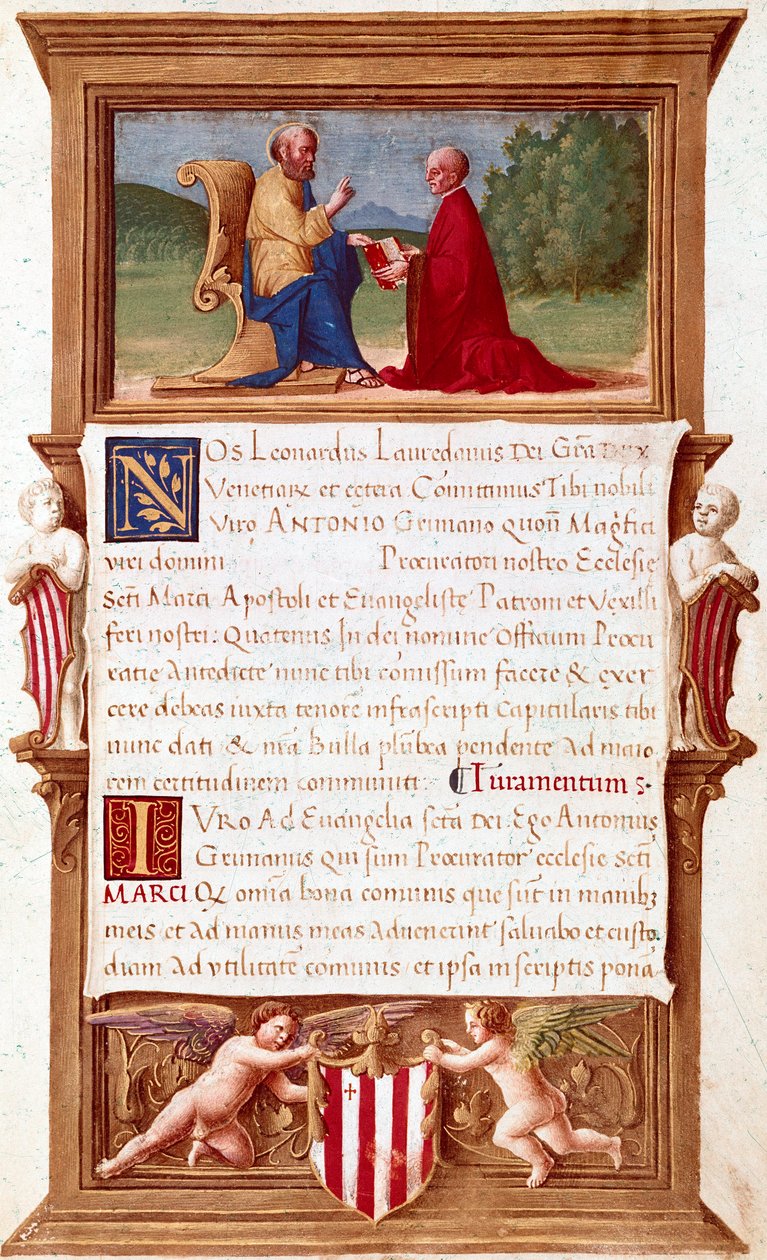 Venedig: Kommission von Dogen Antonio Grimani (1434-1523), Prokurator von San Marco. Manuskriptseite aus dem 16. Jahrhundert. Venedig, Museo Correr von Italian School