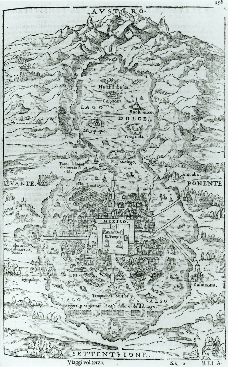 Ansicht von Norden der aztekischen Stadt Tenochtitlan, aus Relatione della Citta del Temistitan von Giovanni Battista Ramusio (1485-1557), veröffentlicht in Venedig 1606 von Italian School
