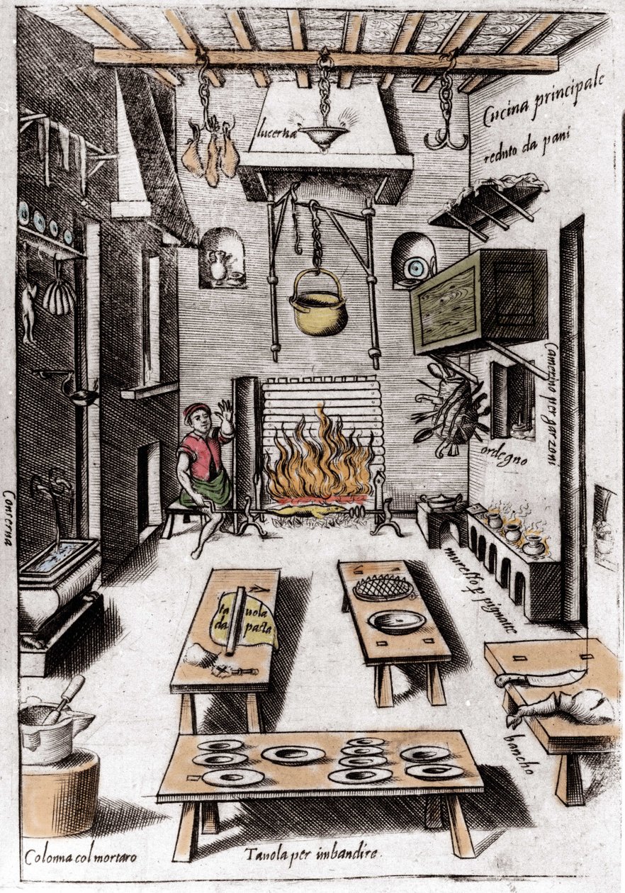 Ansicht einer Küche. Gravur aus „Opera“, einem Buch über Gastronomie, aufgeteilt in 6 Teile, von Bartolomeo Scappi, persönlicher Koch von Papst Pius V. Venedig von Italian School