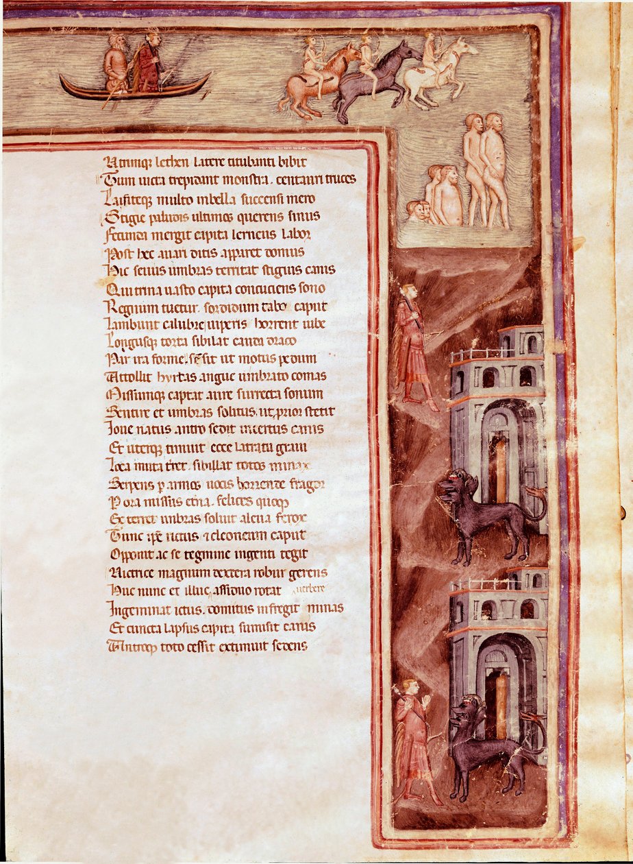 Ansicht der Unterwelt, Charaktere und Monster, Illustration für „Furioser Herkules“ von Seneca (Miniatur) von Italian School