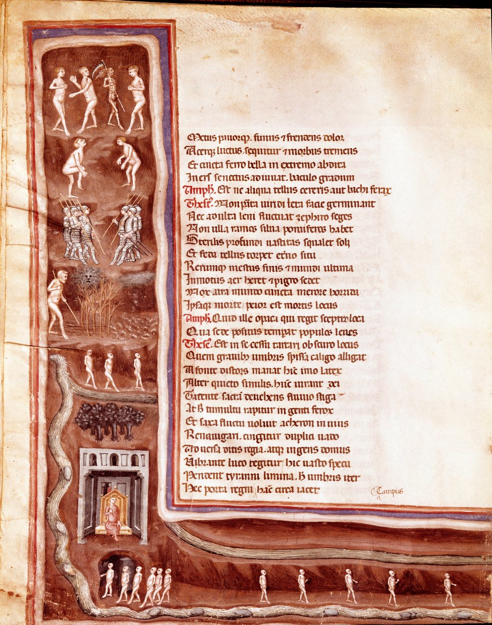 Ansicht der Unterwelt, Figuren und Monster, wandernde Seelen in den Kreisen der Unterwelt, Illustration für „Furioser Herkules“ von Seneca (Miniatur) von Italian School