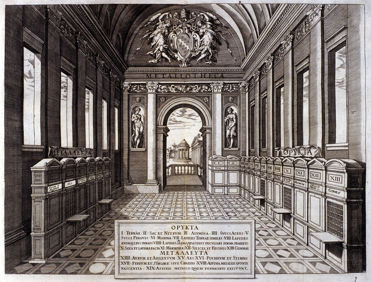 Ansicht des Museums von Michele Mercati (1541-1595), Verwalter der Vatikanischen Botanischen Gärten. Gravur aus „Metallotheca...“ Rom 1717 - 1719 von Italian School