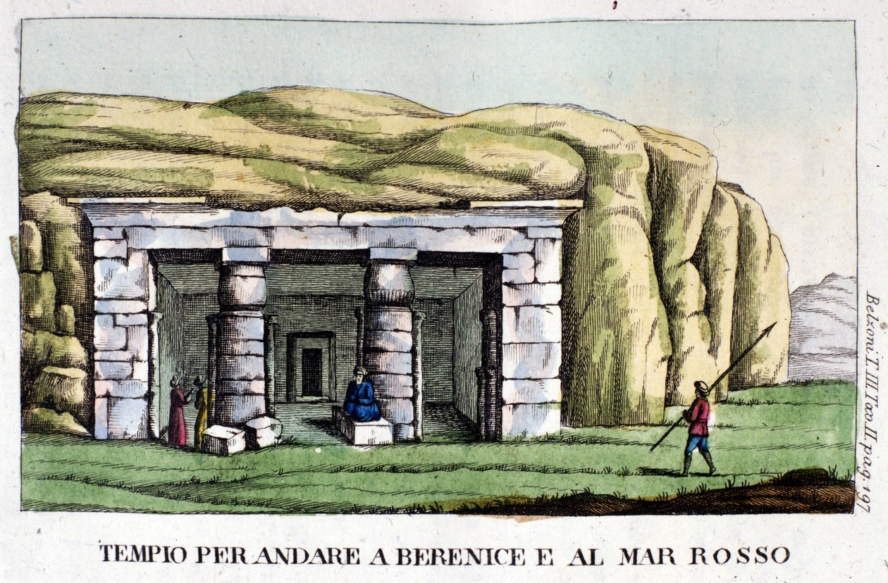 Ansicht des Tempels auf dem Weg nach Berenice, heute Benghazi und zum Roten Meer. Der Autor, Giovanni Battista Belzoni (1778-1823), war ein italienischer Entdecker und Archäologe, der wichtige archäologische Entdeckungen in Ägypten gemacht hat. Gravur von Italian School