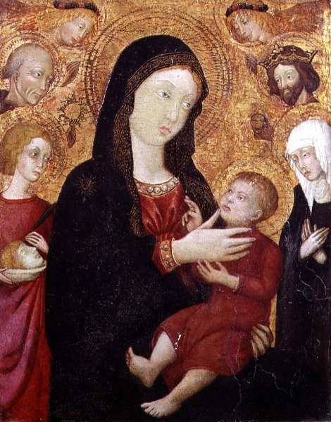 Jungfrau und Kind mit S. Bernadino, Sigismund, Klara und Crescentius, 2. Hälfte des 15. Jahrhunderts von Italian School