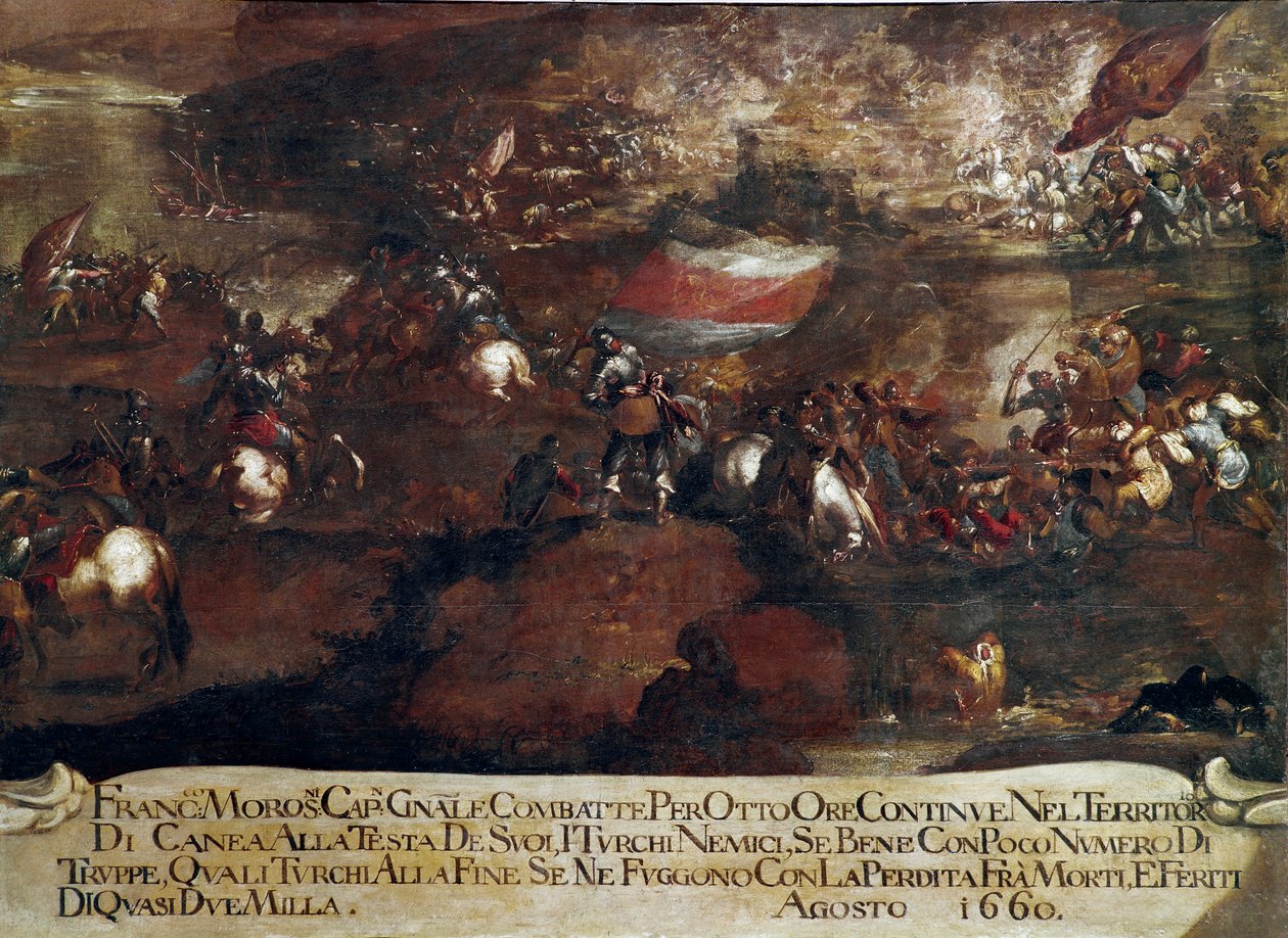 Krieg von Candia (Kreta): „Schlacht von Chania unter der Führung von Francesco Morosini (1619-1694) im August 1660“ Gemälde der venezianischen Schule von Italian School