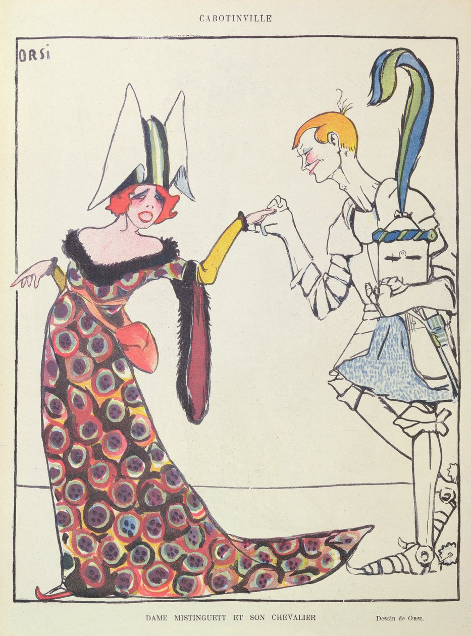 Mistinguett (1875-1956) und ihr Chevalier, Karikatur aus 