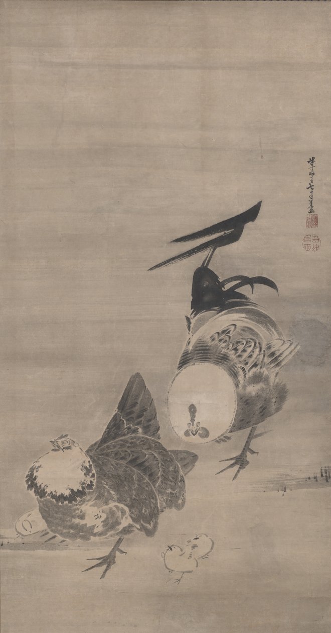 Hähne, Henne und Küken, rechts von einem Paar, 1795 von Ito Jakuchu