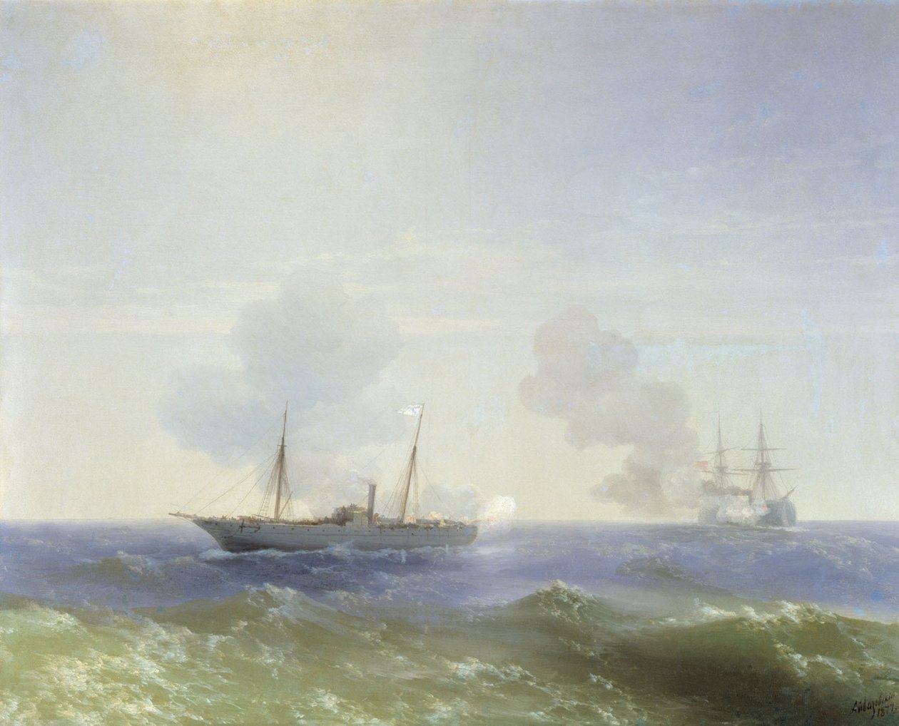 Kampf des Dampfers Vesta mit dem türkischen Schlachtschiff Fehti-Bulend im Schwarzen Meer am 11. Juli 1877 von Ivan Aivazovsky