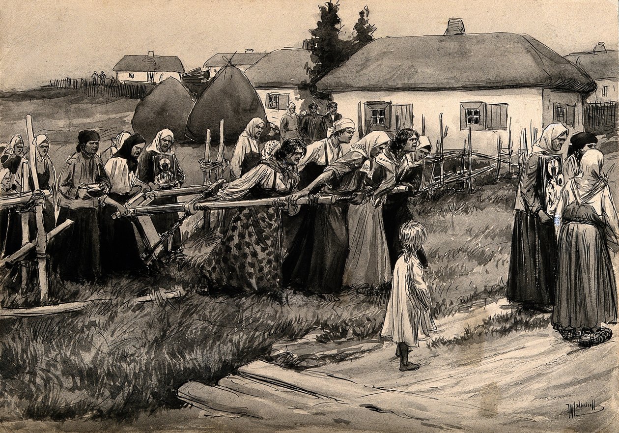 Eine religiöse Cholera-Prozession im ländlichen Russland aus der Aquarellserie Russische Revolution von Ivan Alexeyevich Vladimirov