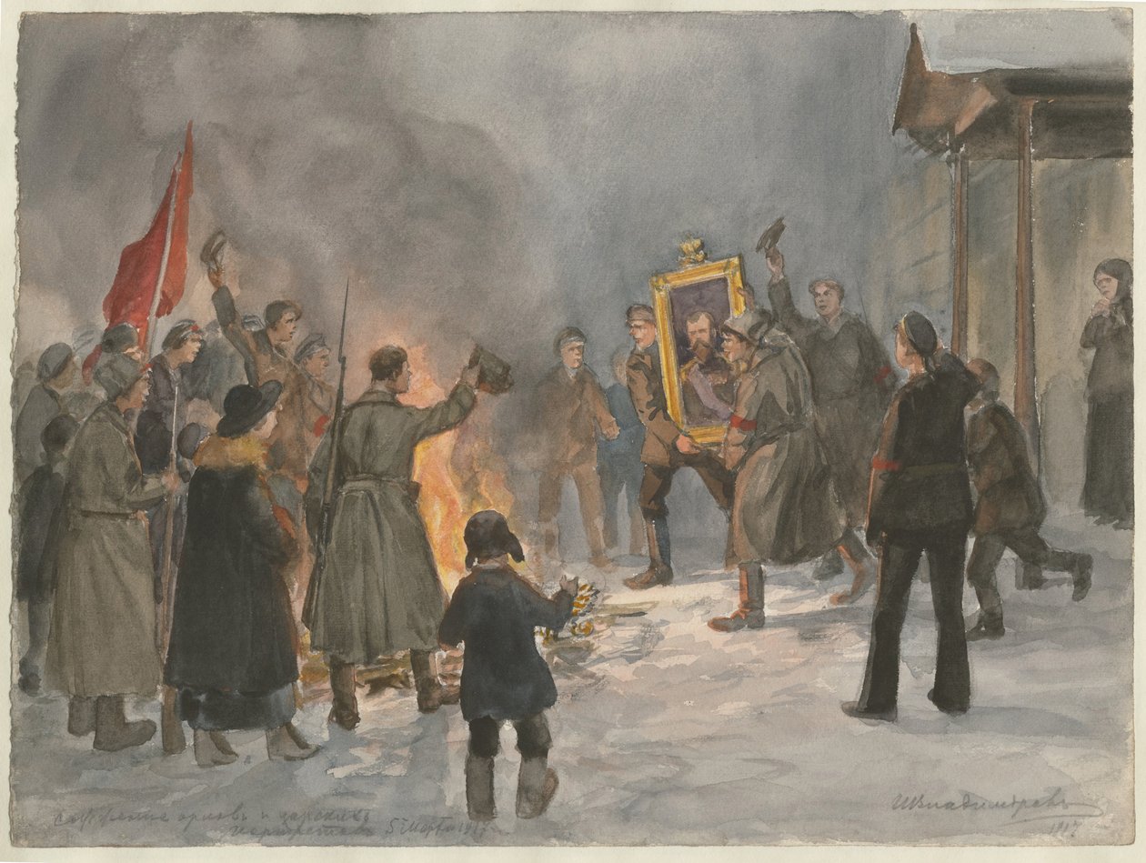 Soldaten verbrennen Gemälde aus der Aquarellserie Russische Revolution, 1917 von Ivan Alexeyevich Vladimirov