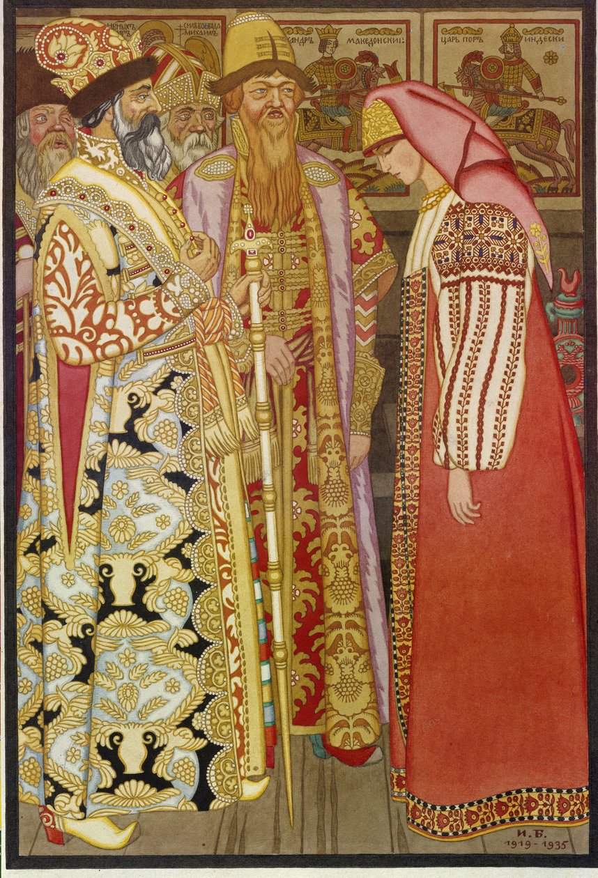 Die Frau des Bogenschützen vor dem Zaren und seinem Gefolge von Ivan Yakovlevich Bilibin