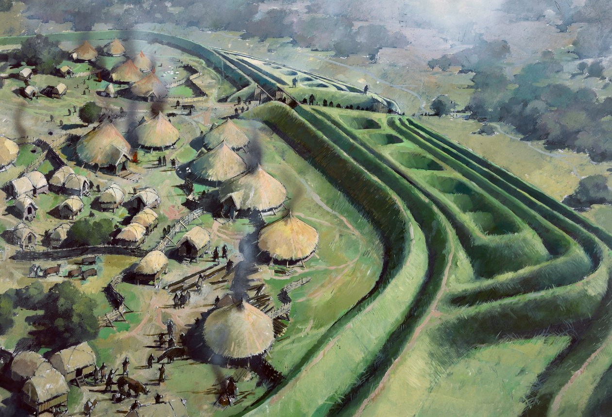 Luftaufnahme des Eingangs zur alten Oswestry-Hügelburg während der Eisenzeit von Ivan Lapper