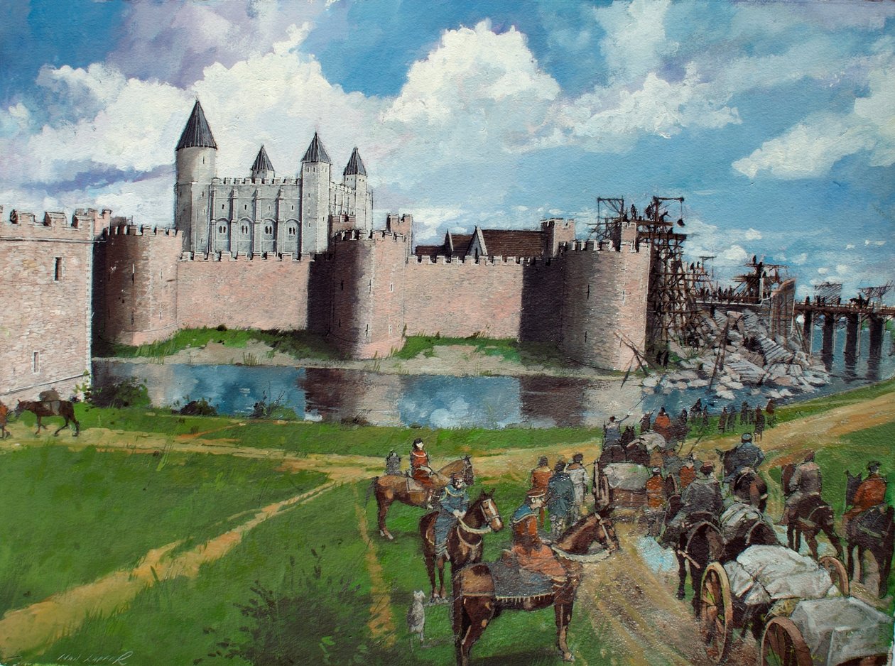 Rekonstruierte Ansicht des Tower of London von Nordwesten mit dem eingestürzten Tor von König Heinrich III. im Jahr 1300 von Ivan Lapper