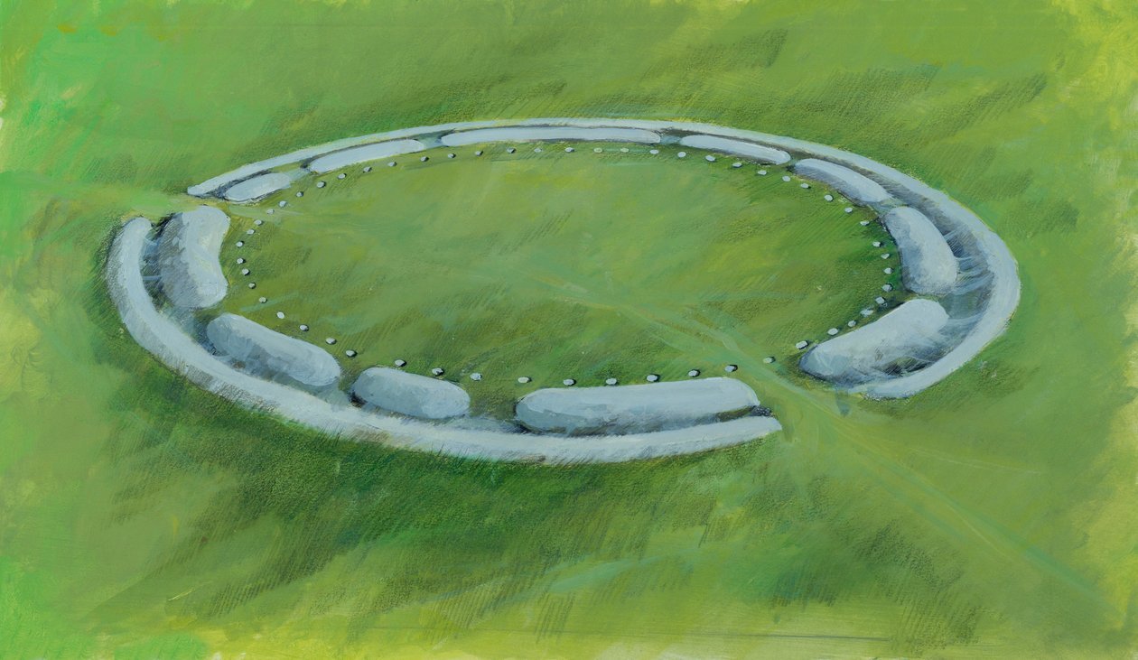 Stonehenge: erste Phase mit Graben, Wall und Konterskarpe, die die Aubrey-Löcher umschließen von Ivan Lapper