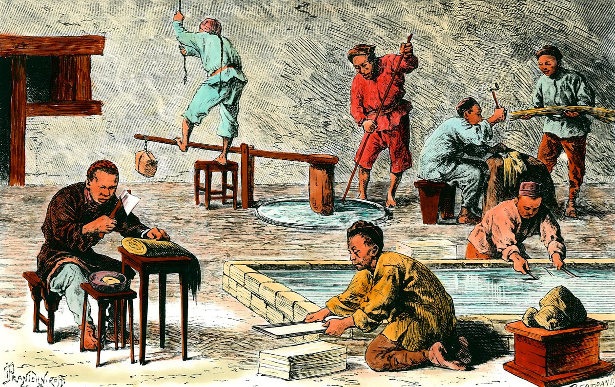 Papierherstellung in China: verschiedene Produktionsstufen von Papierbögen aus der Rinde. Zeichnung von Ivan Pranishnikoff (19. Jahrhundert) Private Sammlung von Ivan Pranishnikoff