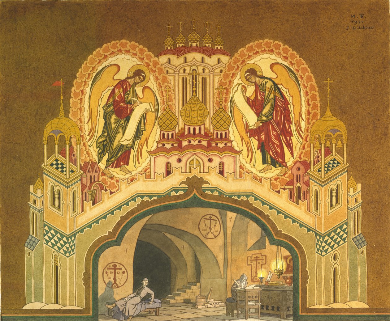 Chudov-Kloster. Bühnenbild für die Oper Boris Godunov von M. Mussorgsky, 1930 von Ivan Yakovlevich Bilibin