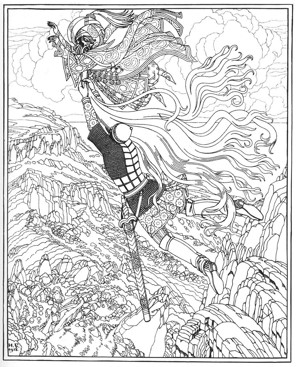 Flucht von Chernomor und Ruslan. Illustration zum Gedicht Ruslan und Ljudmila von A. Puschkin, 1918 von Ivan Yakovlevich Bilibin