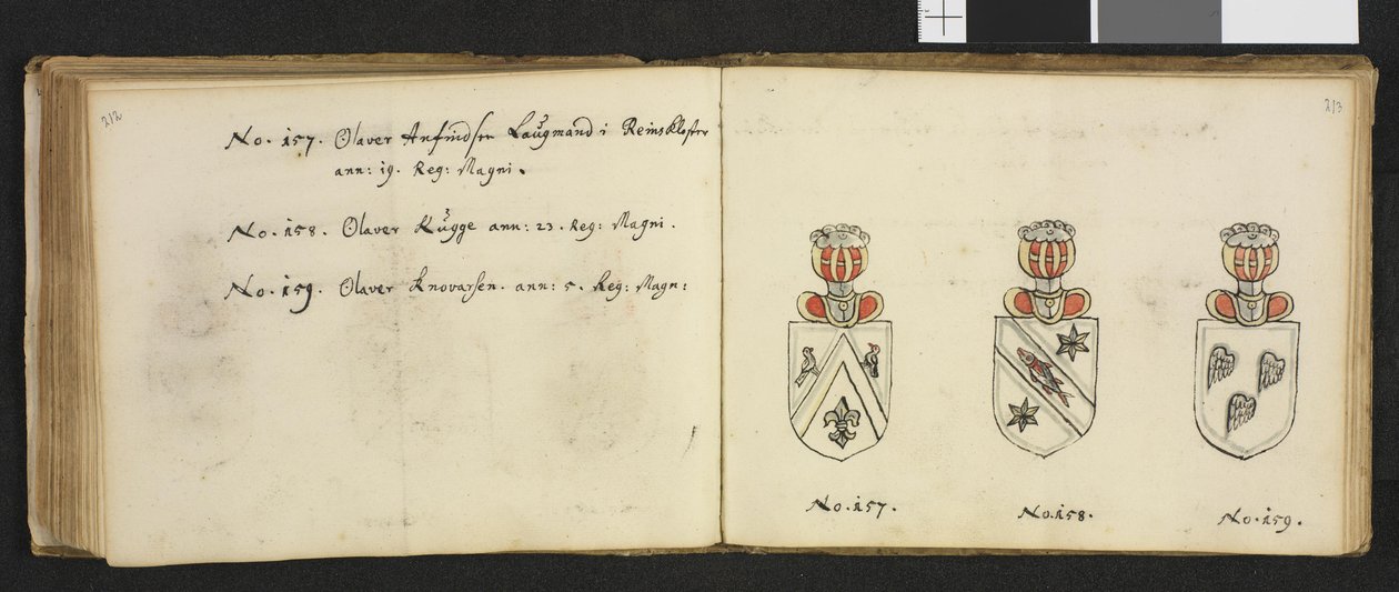 Illustration aus einem Privatarchiv in der Nationalbibliothek mit dem Titel Insignia quædam virorum illustrium in Norvegia quodam habitantium von Iver Nielssøn Hirtzholm von Iver Hirtzholm