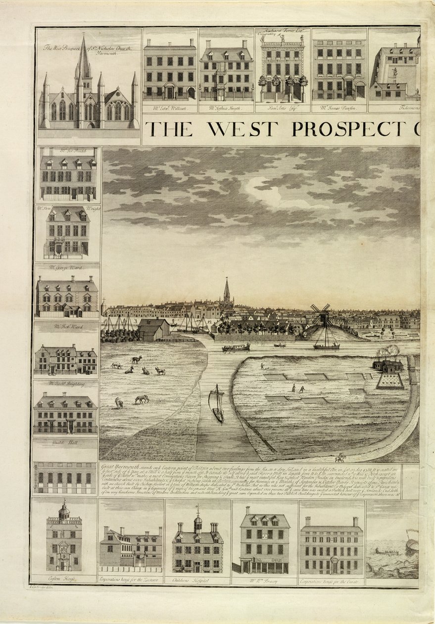 Der Westblick auf die Stadt Great Yarmouth in Norfolk, graviert von John Harris von J. Corbridge