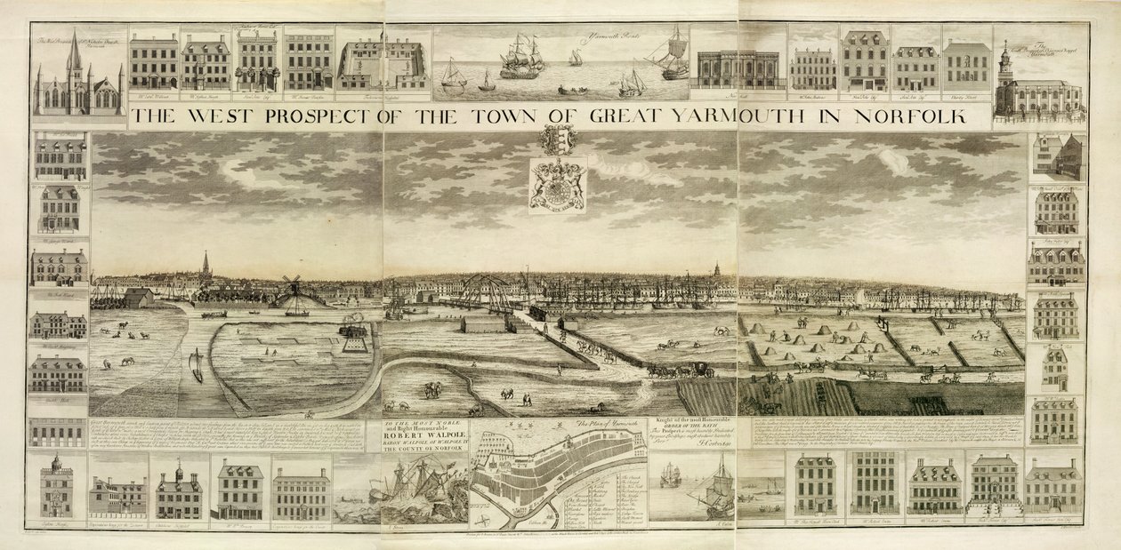 Die Westansicht der Stadt Great Yarmouth in Norfolk, graviert von John Harris (fl.1686-1740) von J. Corbridge