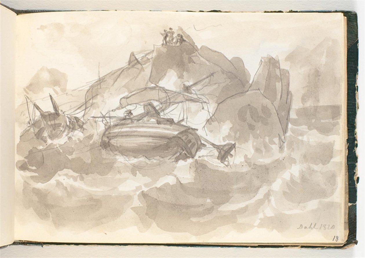 Schiffswrack an einer Felsenküste. Einige Männer stehen auf einem Felsen und schauen zu von Johan Christian Dahl