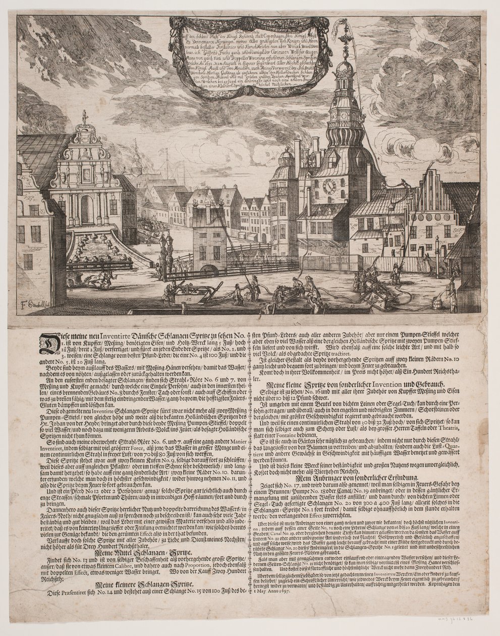 Schlossplatz in Kopenhagen während der Nutzung der von Branddirektor Fuchs erfundenen Spritzen von J.E. Wedel