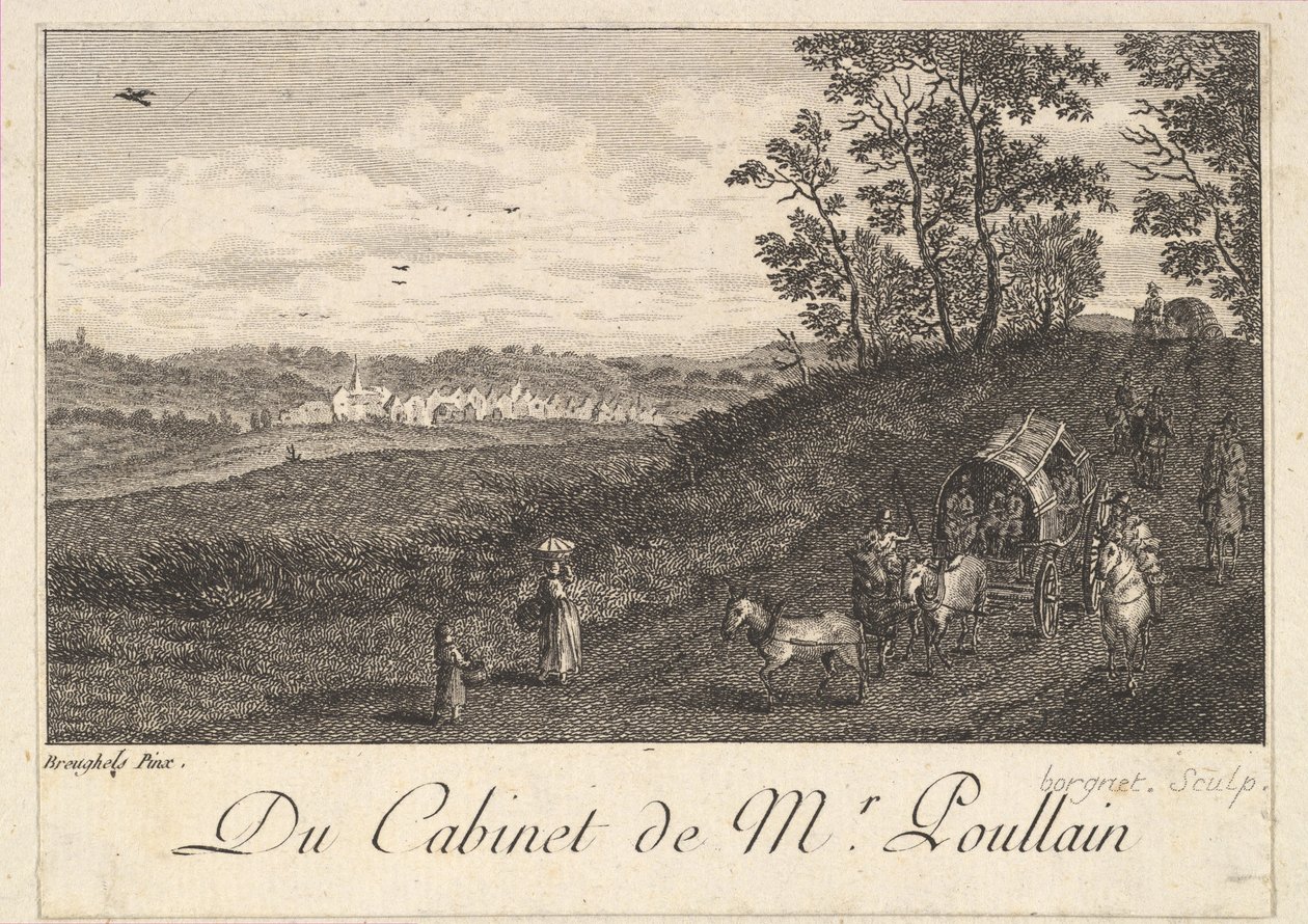 Landschaft mit Wagen nach dem Gemälde im Kabinett von Herrn Poullain, 1780 von JF Borgnet