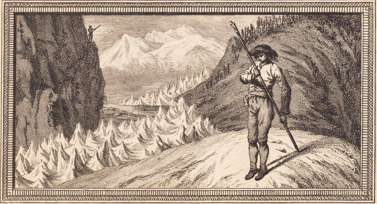 Ein Mann auf einer Schneefläche stützt sich auf einen langen Stab von J.F. Clemens