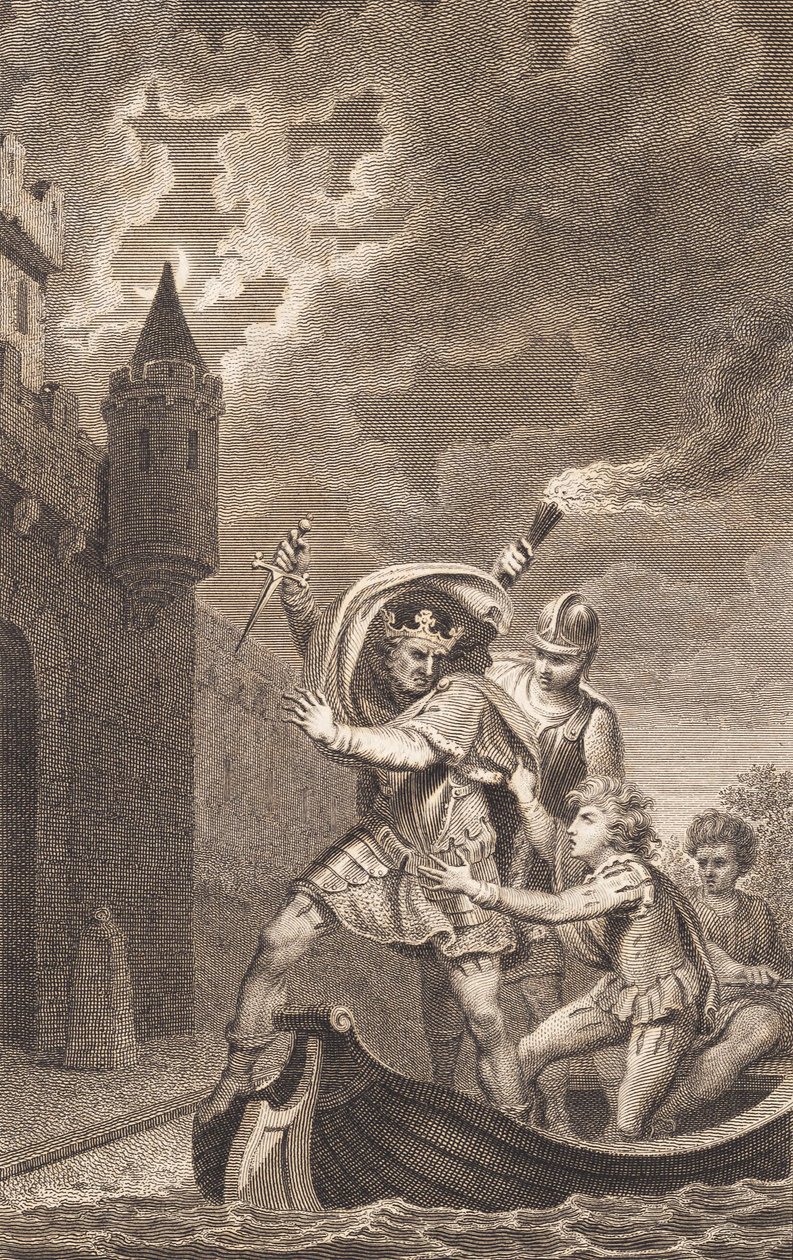 Illustration. Ein König mit erhobenem Dolch und drei Personen in einem Boot von J.F. Clemens