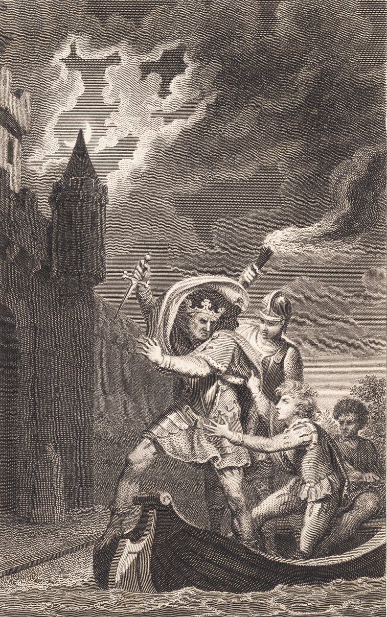 Illustration. Ein König mit erhobenem Dolch und drei Personen in einem Boot von J.F. Clemens