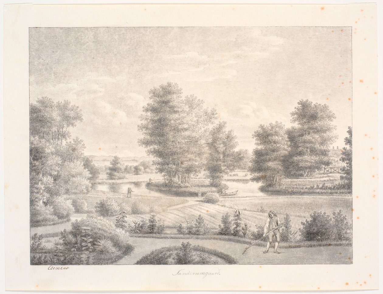 Sanderumgaards Garten mit bewaldeter Insel. Im Vordergrund ein Mann mit Rechen von J.F. Clemens