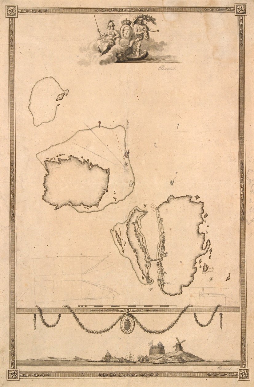 Titelvignette und Prospekt zur Karte von Christiansø von J.F. Clemens