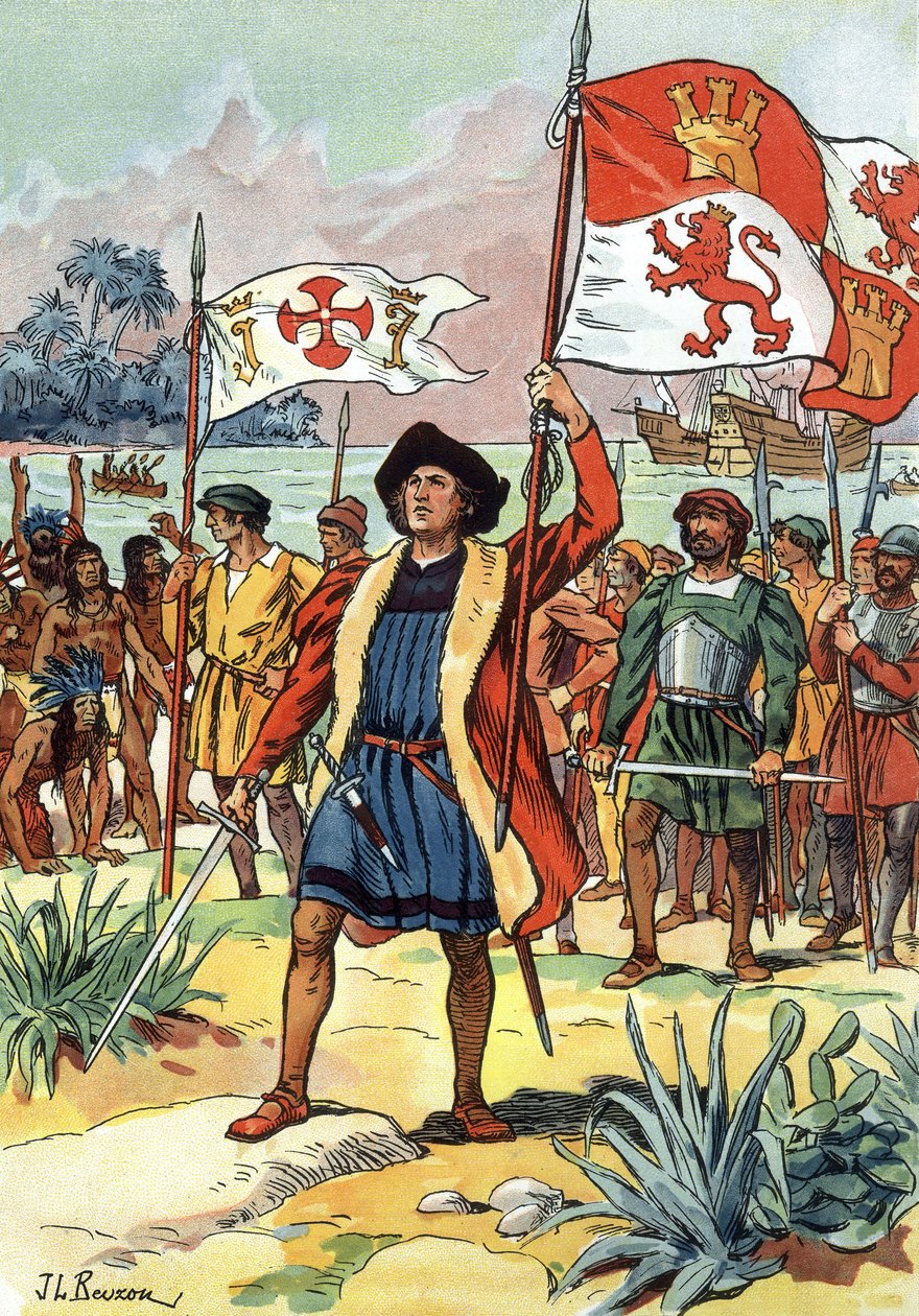1492: Christoph Kolumbus landet in Amerika mit spanischer Flagge von J.L Beuzon (fl.1880 1940)