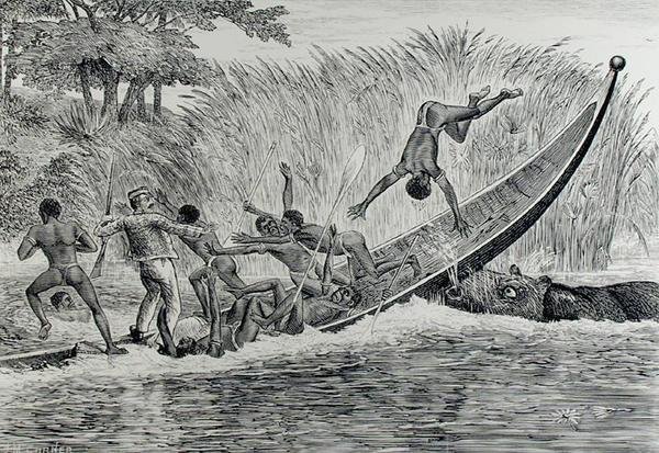 Wütendes Nilpferd kippt ein Boot um von J.M. Corner
