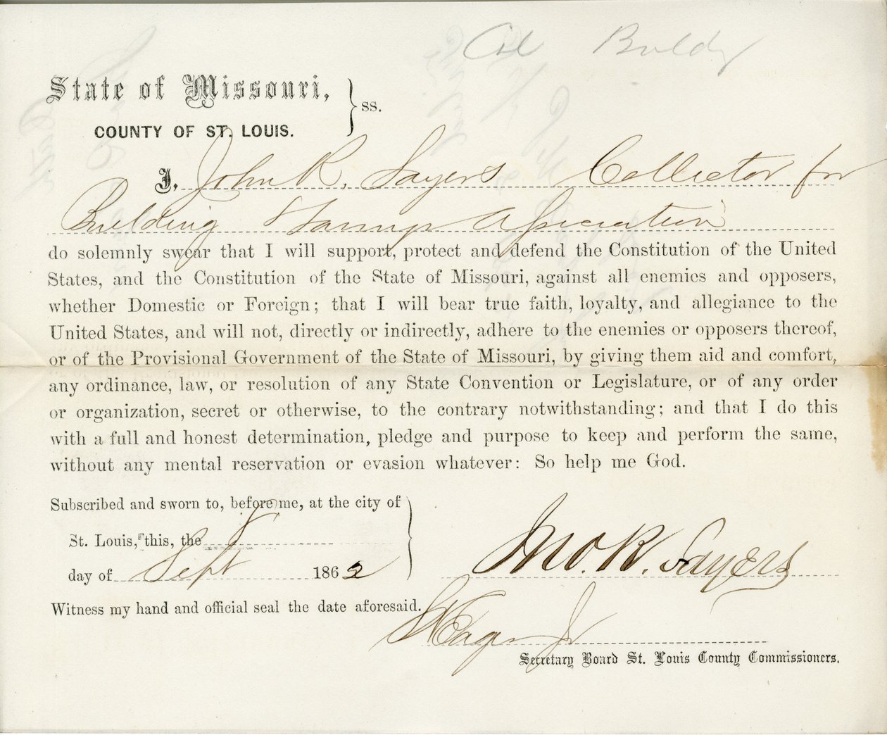 Treueeid von John R. Sayers aus Missouri, County of St. Louis von J.R. Sayers