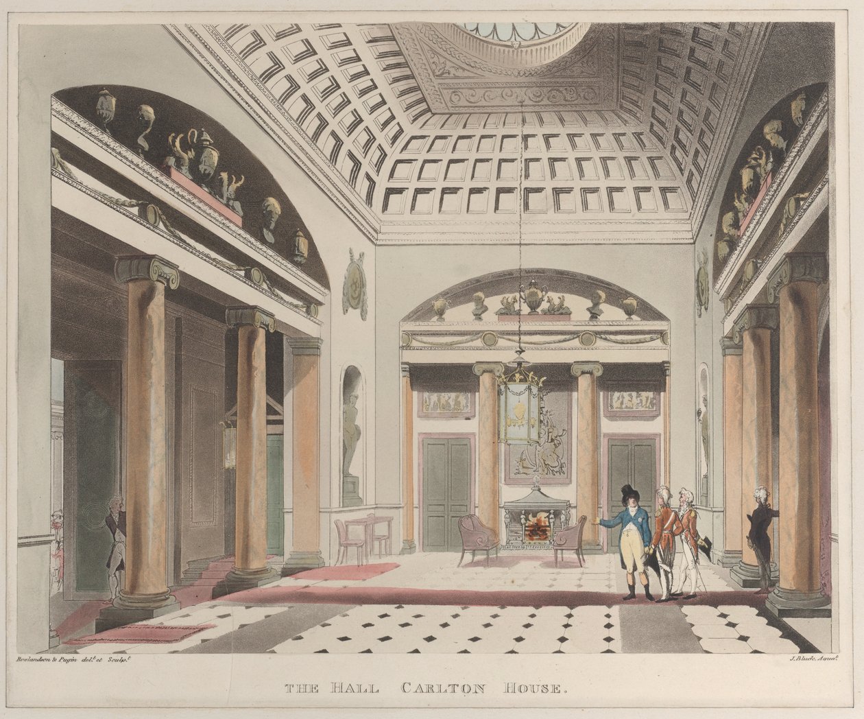 Die Halle Carlton House Microcosm of London, Platte 15, 1. April 1808 von J. Bluck