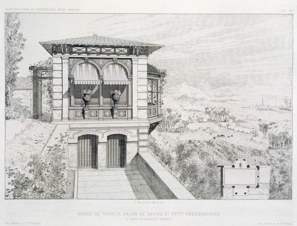 Dampfbäder, Observatorium oben, aus einem Band von Entwürfen verschiedener Architekten, veröffentlicht von Morel & Cie, Paris, ca. 1880 von J. Boussard